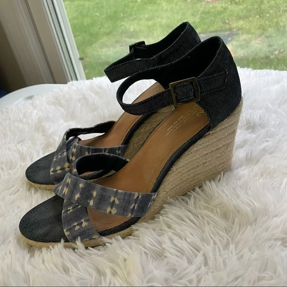 Toms Denim Blue Batik Platform Espadrille Wedge‎ Sienna Sandals Sz 10